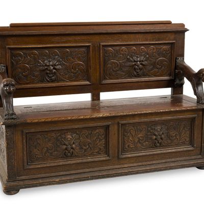 Sale Photo Thumbnail #217: Jacobean Revival Carved Hall Storage Bench