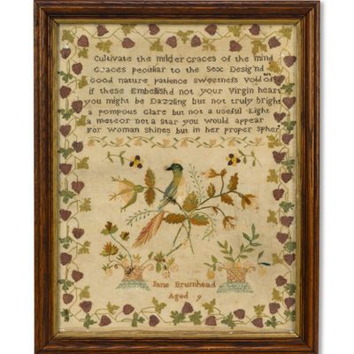 Sale Photo Thumbnail #198: 19th C Small Needlepoint Sampler "Jane Brumhead"