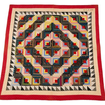 Sale Photo Thumbnail #144: 1891 Signed & Dated Log Cabin Quilt