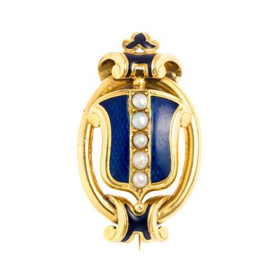 Sale Photo Thumbnail #3: Victorian 18K Gold, Enamel, and Seed Pearl Pendant Brooch