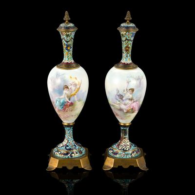 Sale Photo Thumbnail #156: Pair of French Sevres Style Porcelain and Enamel Lidded Urns