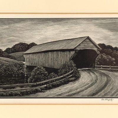 Sale Photo Thumbnail #34: Asa Cheffetz "Covered Bridge" Signed Original Wood-Engraving