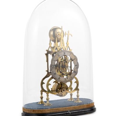 Sale Photo Thumbnail #150: Antique Brass Skeleton Clock with Glass Cloche Dome