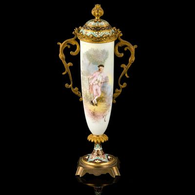Sale Photo Thumbnail #155: French Sevres Style Porcelain and Enamel Mounted Lidded Urn