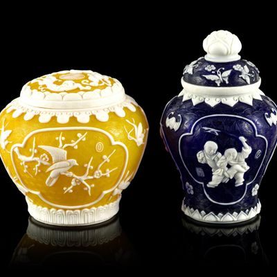 Sale Photo Thumbnail #97: 2 Chinese Peking Glass Overlay Lidded Jars