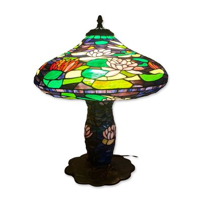 Sale Photo Thumbnail #123: Tiffany-Style Leaded Slag Glass Flowering Water Lily Table Lamp w/ Illuminated Base