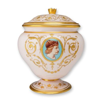 Sale Photo Thumbnail #269: Wedgwood Porcelain Lidded Urn with Gilt and Portrait Medallion