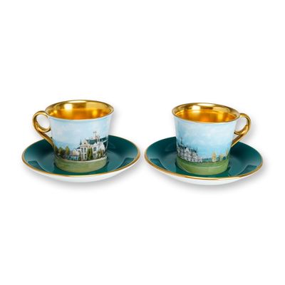 Sale Photo Thumbnail #500: 4pc Wedgwood Gilded Bone China Cups and Saucers Hand Painted with British Stately Homes