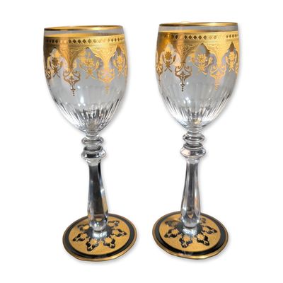 Sale Photo Thumbnail #388: 2pc Baccarat France Prestige Gold Encrusted Crystal Wine Glasses
