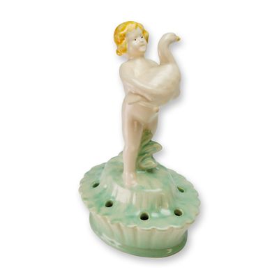Sale Photo Thumbnail #51: Weller Pottery Figural Flower Frog, Hobart Boy with Swan
