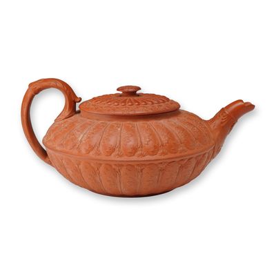 Sale Photo Thumbnail #332: Wedgwood Rosso Antico Leaf Mould Lidded Teapot, ca. 1820