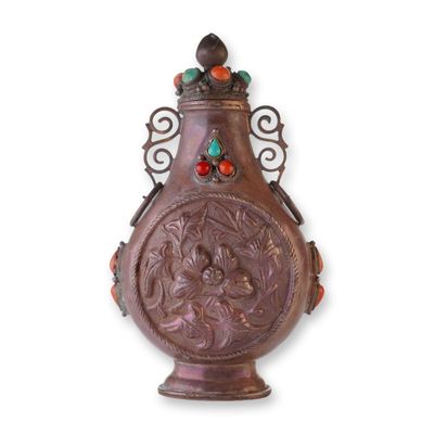 Sale Photo Thumbnail #129: Mongolian Silver Repousse Snuff Bottle, Flowers and Leaves, Scrolling Handles