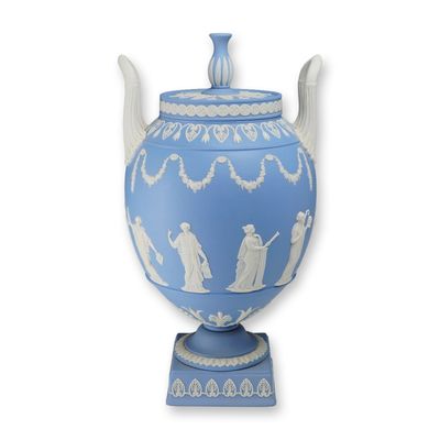 Sale Photo Thumbnail #10: Large Wedgwood Pale Blue Jasperware Lidded Urn on Plinth
