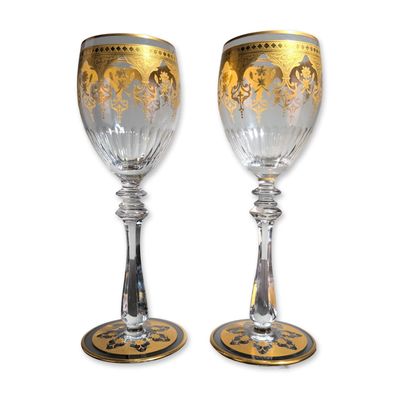 Sale Photo Thumbnail #139: 2pc Baccarat France Prestige Gold Encrusted Crystal Wine Glasses