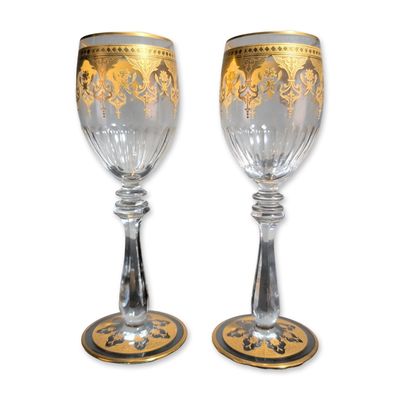 Sale Photo Thumbnail #389: 2pc Baccarat France Prestige Gold Encrusted Crystal Wine Glasses