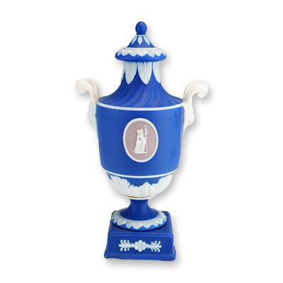 Sale Photo Thumbnail #65: Wedgwood Blue Jasper Dip Lidded Urn with Two-Color Lilac Medallions