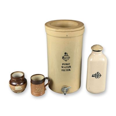 Sale Photo Thumbnail #462: 4pc Royal Doulton Lambeth Stoneware Water Filter, Hot Water Bottle, Mug, and Jar