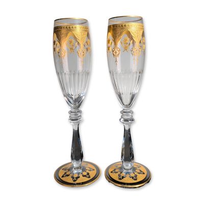 Sale Photo Thumbnail #395: 2pc Baccarat France Prestige Gold Encrusted Crystal Champagne Flutes