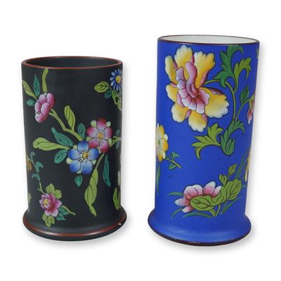 Sale Photo Thumbnail #59: 2pc Wedgwood Enamel Decorated Capri Ware Stoneware Spill Vases