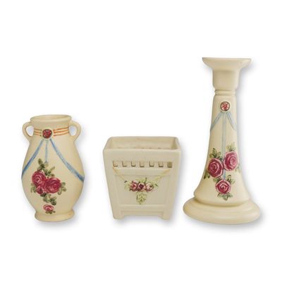 Sale Photo Thumbnail #57: 3pc Weller Art Pottery Roma Collection Vase, Planter, and Candlestick