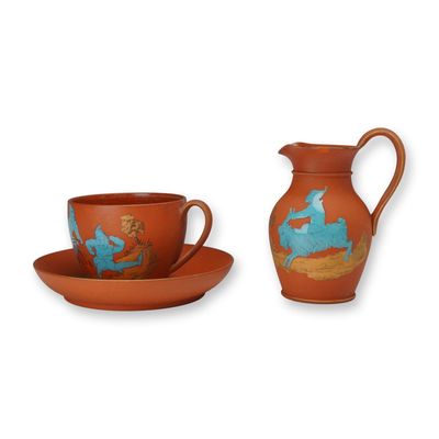 Sale Photo Thumbnail #331: Trio of Wedgwood Rosso Antico Terra Cotta Cup, Saucer & Creamer, Brownies