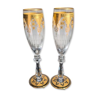 Sale Photo Thumbnail #394: 2pc Baccarat France Prestige Gold Encrusted Crystal Champagne Flutes