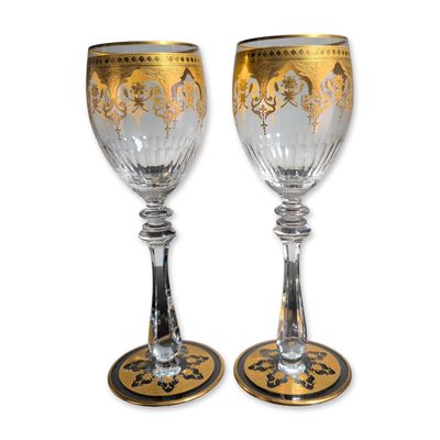 Sale Photo Thumbnail #396: 2pc Baccarat France Prestige Gold Encrusted Crystal Wine Glasses