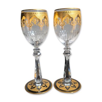 Sale Photo Thumbnail #132: 2pc Baccarat France Prestige Gold Encrusted Crystal Wine Glasses