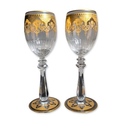 Sale Photo Thumbnail #387: 2pc Baccarat France Prestige Gold Encrusted Crystal Wine Glasses