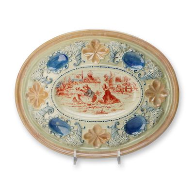 Sale Photo Thumbnail #248: Wedgwood Majolica Oval Platter with Genre Scene