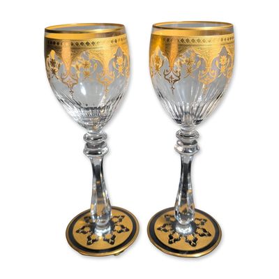 Sale Photo Thumbnail #393: 2pc Baccarat France Prestige Gold Encrusted Crystal Wine Glasses