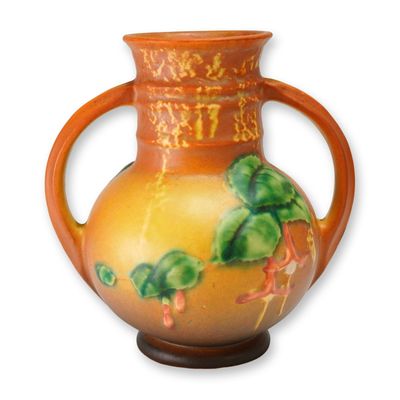 Sale Photo Thumbnail #28: Roseville Pottery Brown Double Handled Vase, Fuchsia