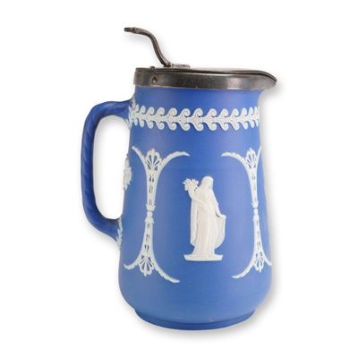 Sale Photo Thumbnail #64: Wedgwood Jasperware Dip Portland Blue Pitcher with Metal Lid