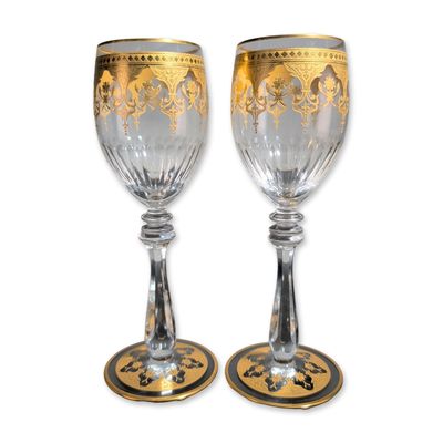 Sale Photo Thumbnail #134: 2pc Baccarat France Prestige Gold Encrusted Crystal Wine Glasses