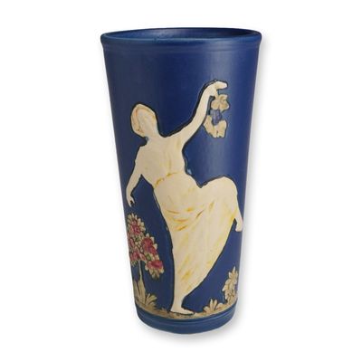 Sale Photo Thumbnail #37: Weller Pottery Blue Ware Vase, Lady Dancing in a Garden