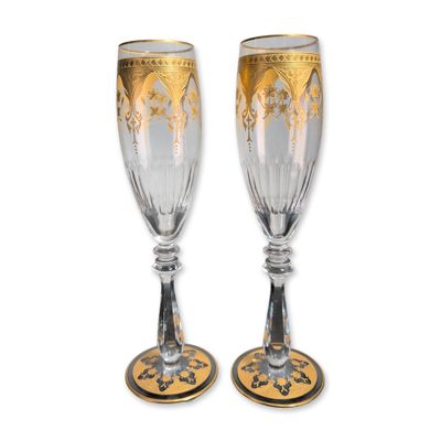 Sale Photo Thumbnail #138: 2pc Baccarat France Prestige Gold Encrusted Crystal Champagne Flutes