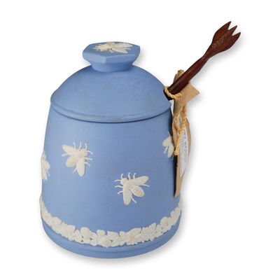 Sale Photo Thumbnail #324: Wedgwood Light Pale Blue Jasperware Beehive Honey Pot with Mopane Dipper