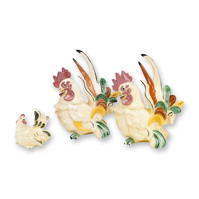 Sale Photo Thumbnail #280: 3pc Kay Finch California Pottery Figurines, Roosters and Hen