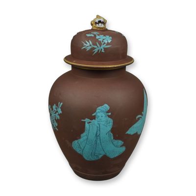 Sale Photo Thumbnail #254: Wedgwood Chocolate Stoneware Lidded Ginger Jar with Turquoise Enamel Chinoiserie Decoration