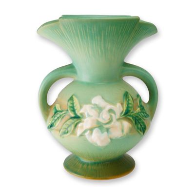 Sale Photo Thumbnail #29: Roseville Pottery Green Double Handled Vase, Gardenia