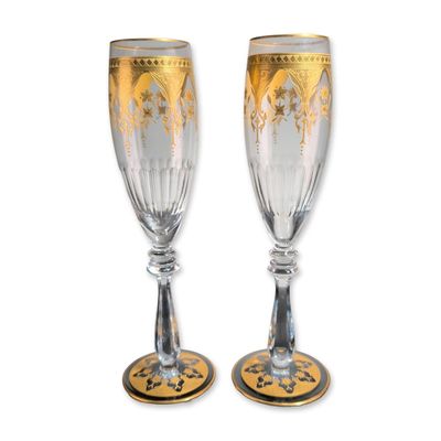 Sale Photo Thumbnail #140: 2pc Baccarat France Prestige Gold Encrusted Crystal Champagne Flutes