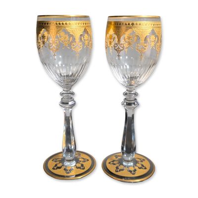 Sale Photo Thumbnail #133: 2pc Baccarat France Prestige Gold Encrusted Crystal Wine Glasses