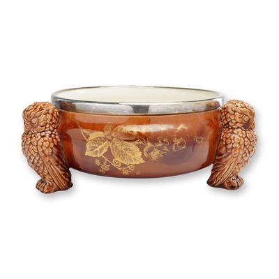 Sale Photo Thumbnail #274: Wedgwood Brown Glazed Ceramic Salad Bowl with Owl Feet and Silver Rim