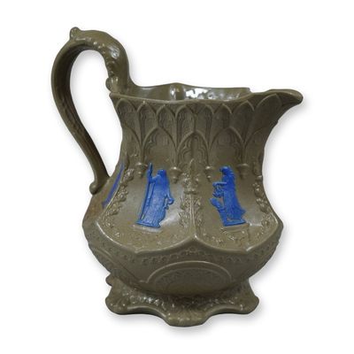 Sale Photo Thumbnail #321: Wedgwood Mid-19th Century Smear-Glazed Stoneware Pitcher with Blue Jasperware Sprigging