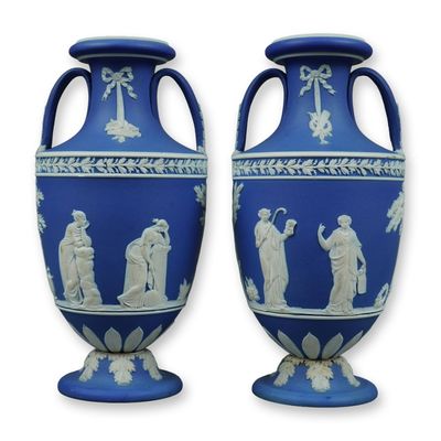 Sale Photo Thumbnail #320: 2pc Wedgwood Blue and White Jasperware Vases