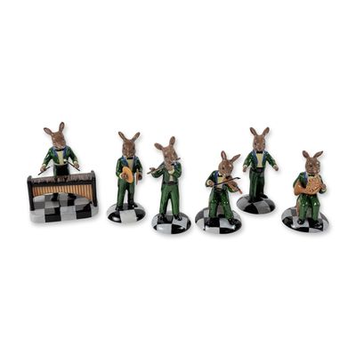 Sale Photo Thumbnail #194: 6pc Rare Colorway Royal Doulton Bunnykins Orchestra Ceramic Figurine Set