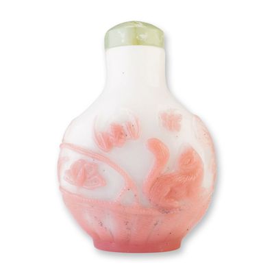 Sale Photo Thumbnail #382: Peking Glass Snuff Bottle, Pink Overlay Basket with Cats, Bat, Flowers, and Butterflies