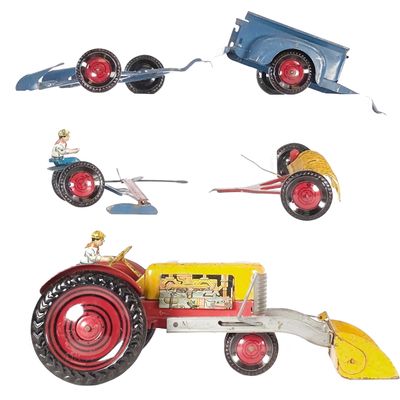 Sale Photo Thumbnail #325: Large Marx Pressed Steel Tractor & Accessories