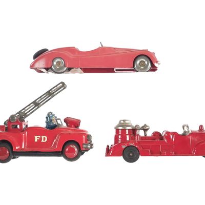 Sale Photo Thumbnail #171: (3) Tin Friction Fire Trucks & Car