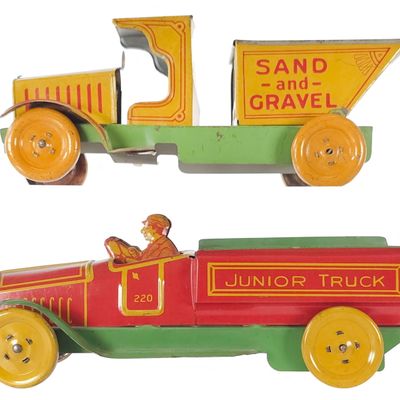 Sale Photo Thumbnail #361: (2) J. Chein Tin Litho Sand-and-Gravel & No. 220 Junior Trucks